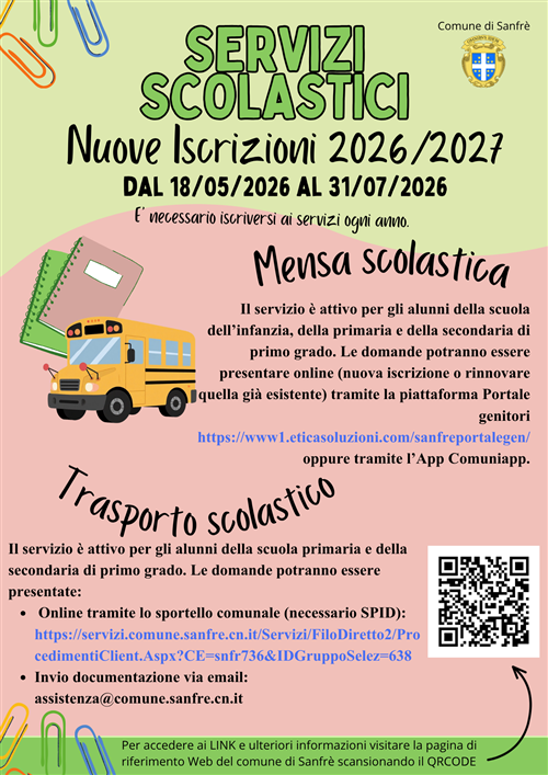Aperte le iscrizioni ai servizi scolastici per lanno scolastico 2026/2027